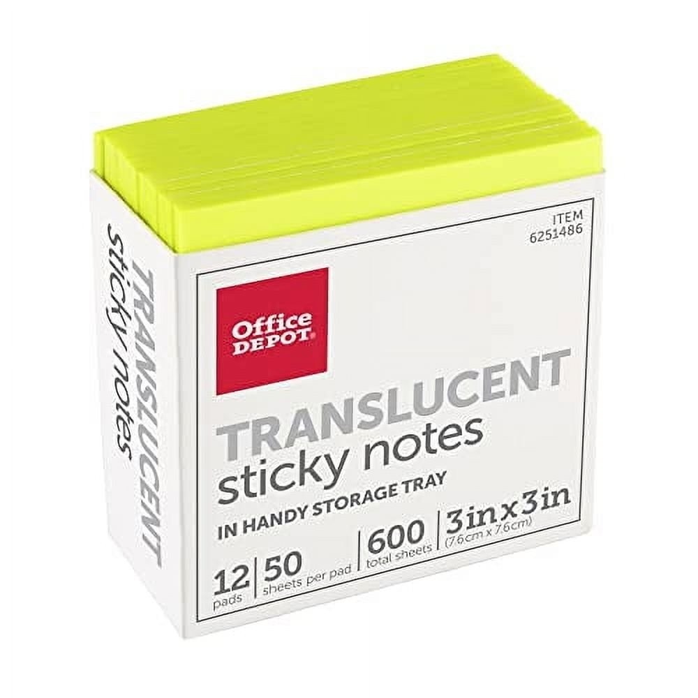 Office Depot Translucent Sticky Notes 3x3 Yellow 600 Sheets 12 Pads Storage Tray